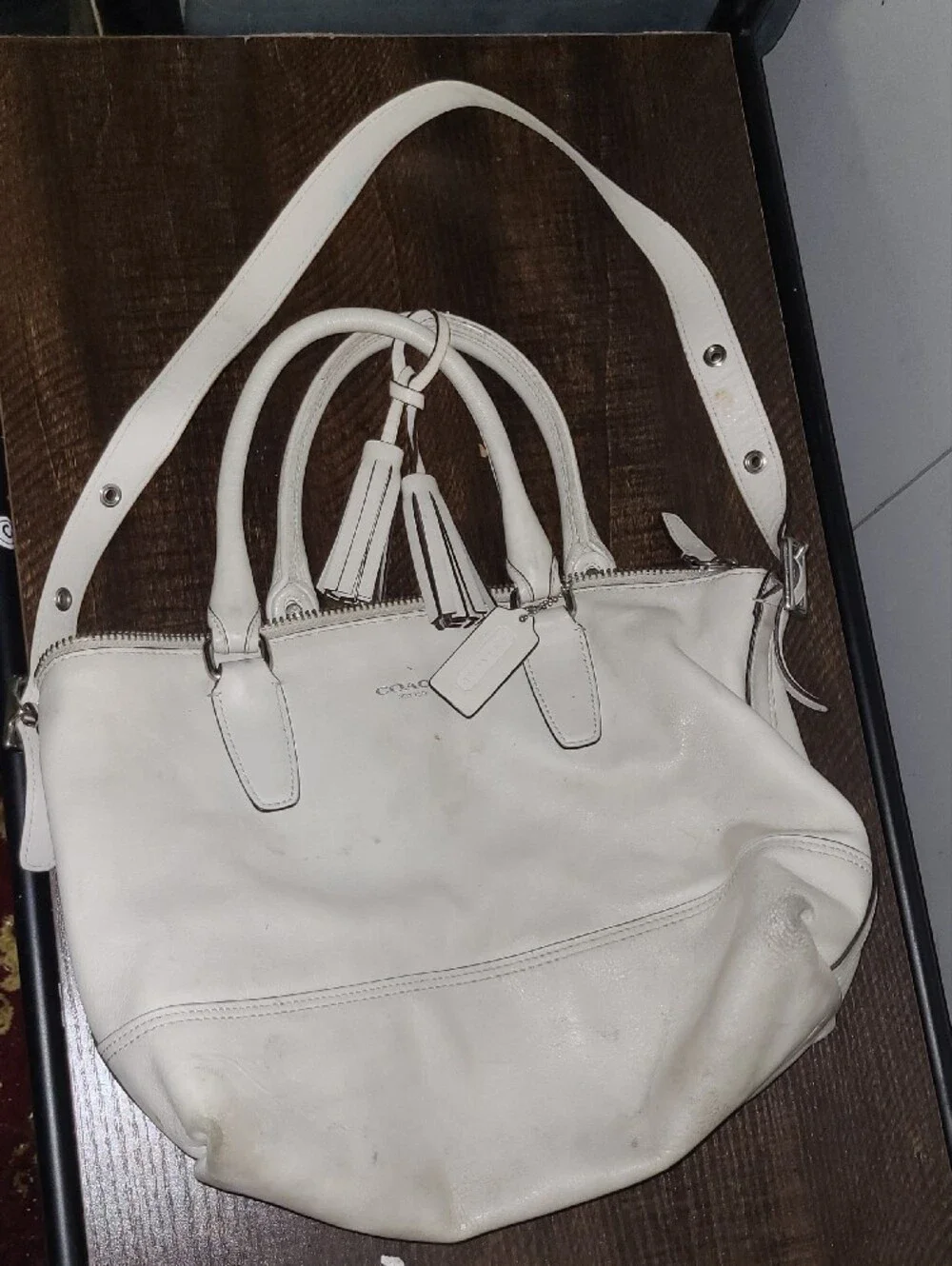 Coach Hamptons  Cream Leather Tote Bag with Tassel Accent